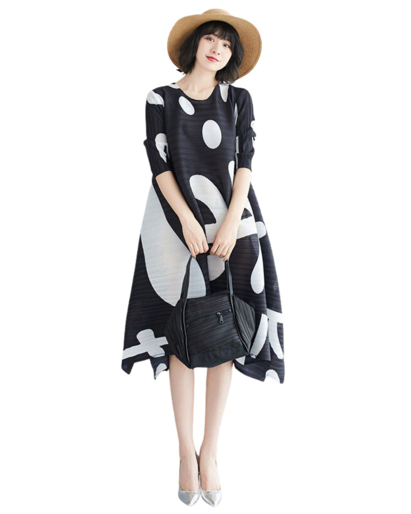 Polyester Round Neck 3/4 Sleeves Floral Pleated Dress