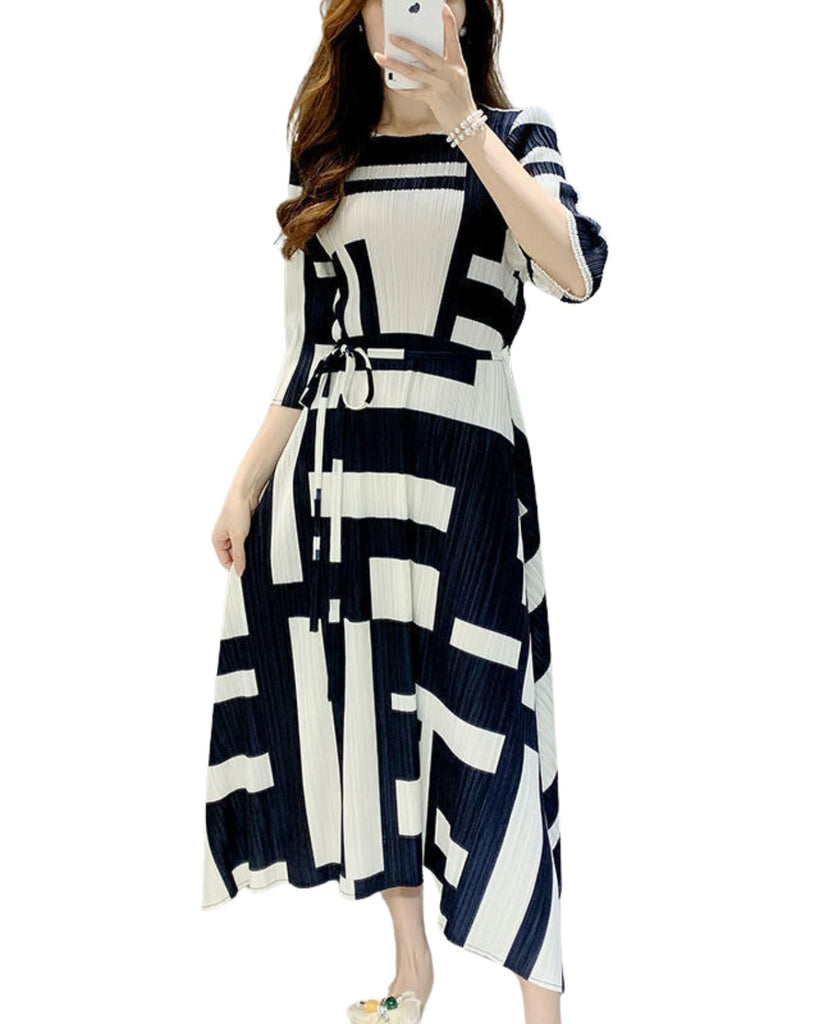 Polyester Round Neck 3/4 th Sleeves Striped Pleated Dress