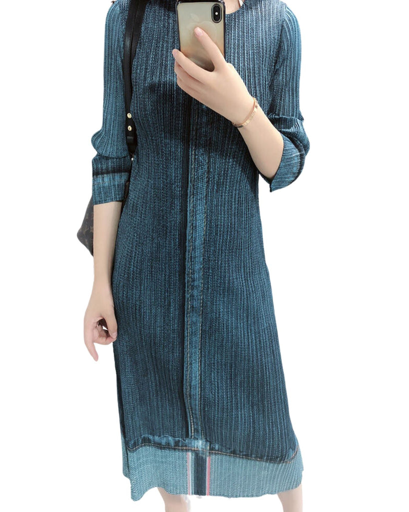 Polyester Round Neck 3/4 th Sleeves Mid-Length Pleated Dress