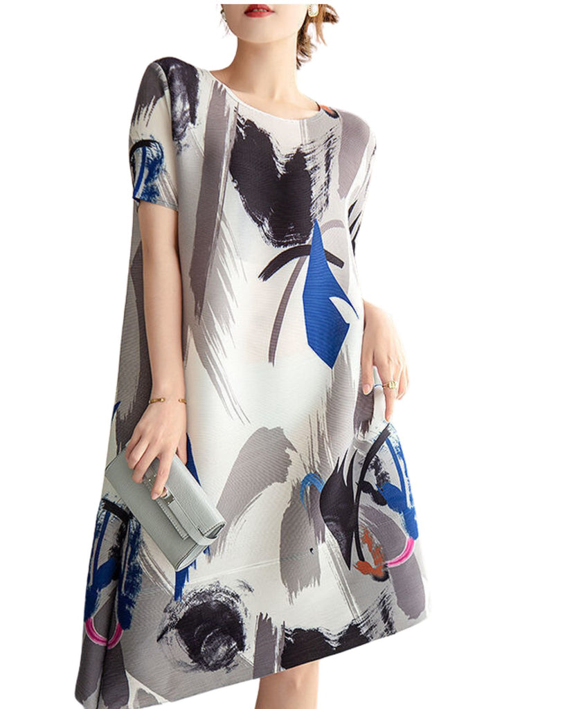 Polyester Round Neck Short Sleeve Abstract Print Pleated Dress