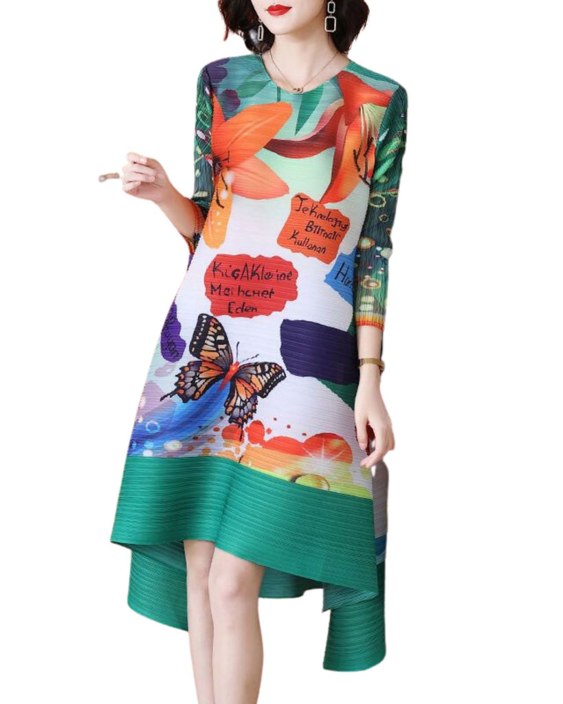 Polyester Round Neck 3/4 th Sleeve Floral Pleated Midi Dress