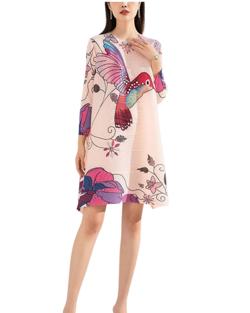 Polyester Round Neck 3/4 Sleeves Printed Pleated Dress