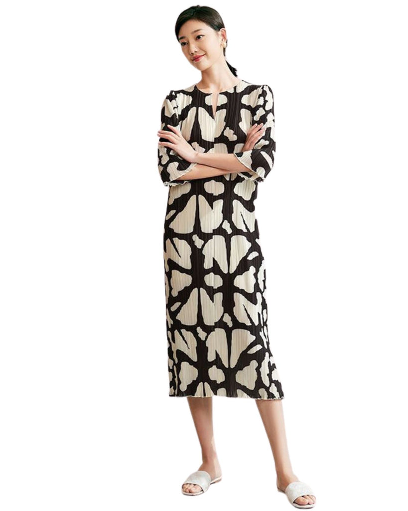 Polyester V-Neck 3/4 Sleeves Printed Pleated Dress