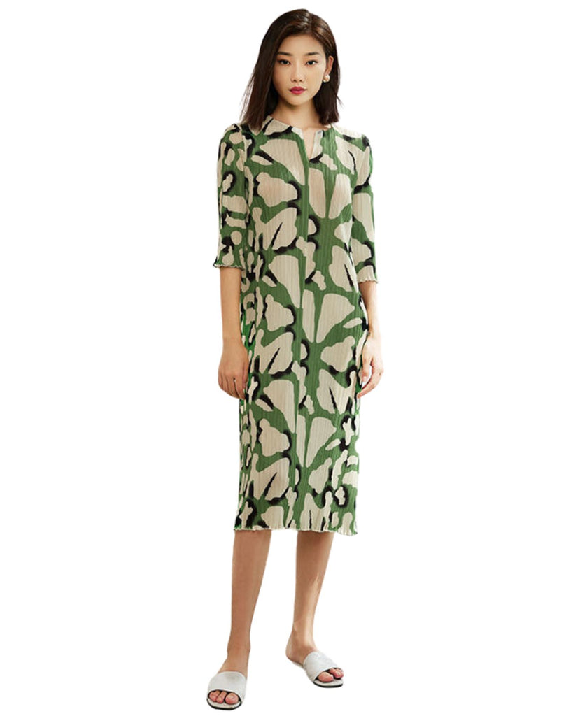 Polyester V-Neck 3/4 Sleeves Printed Pleated Dress