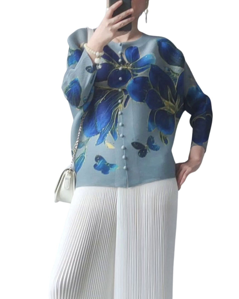 Polyester Round Neck Long Sleeve Floral Pleated Top