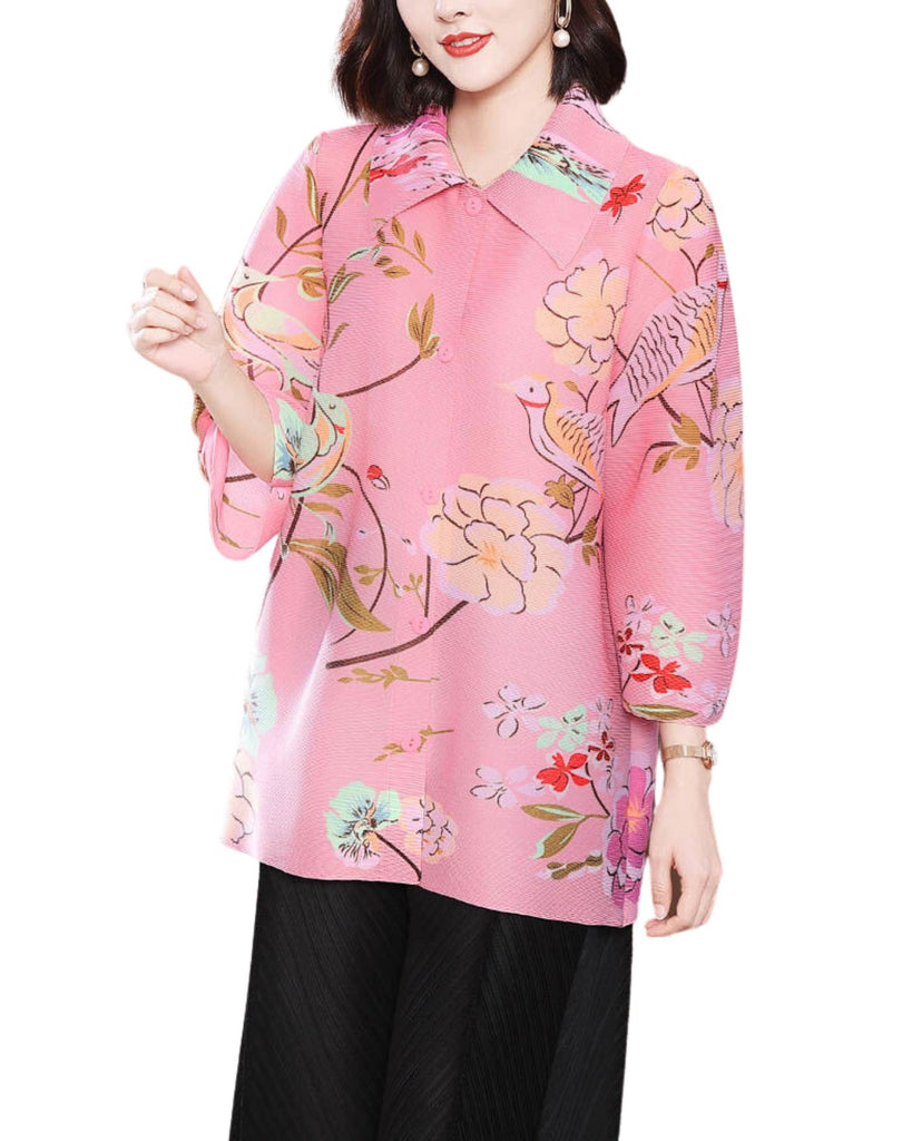 Polyester Polo Neck Long Sleeve Floral Pleated Shirt