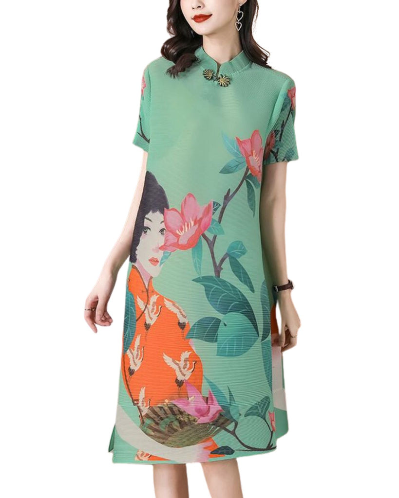 Polyester Short Sleeve Floral Cheongsam Style Pleated Dress