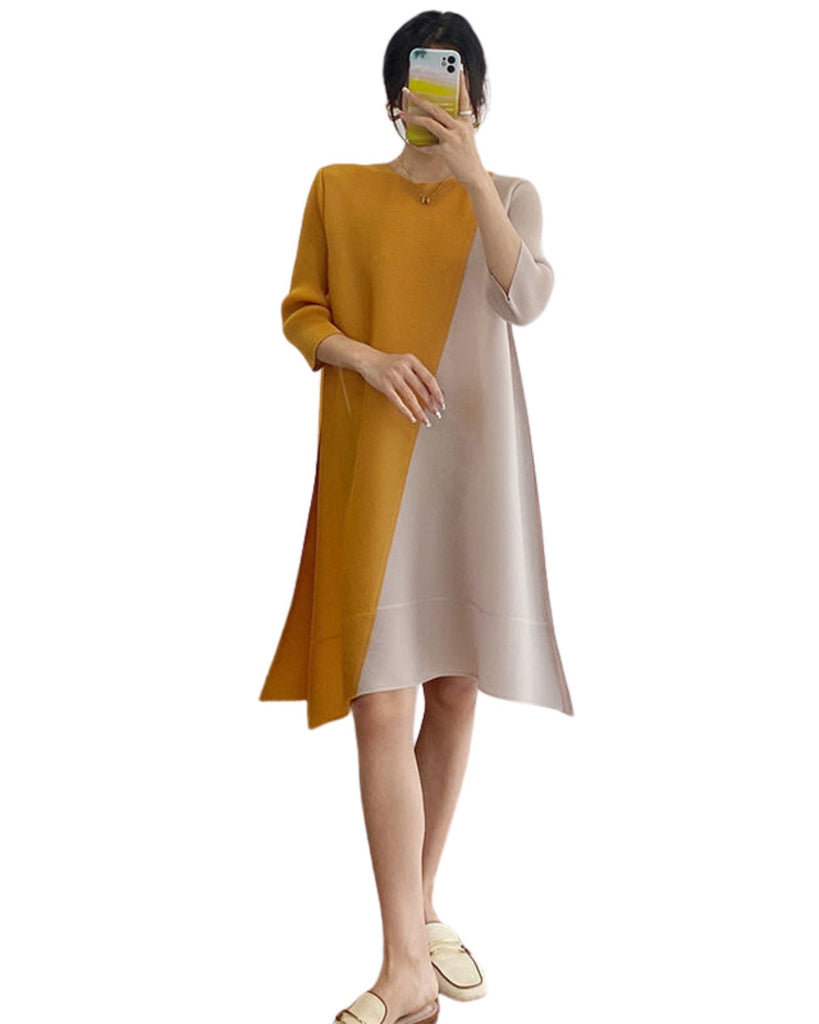 Polyester Round Neck 3/4 Sleeves Solid Loose Fit Dress