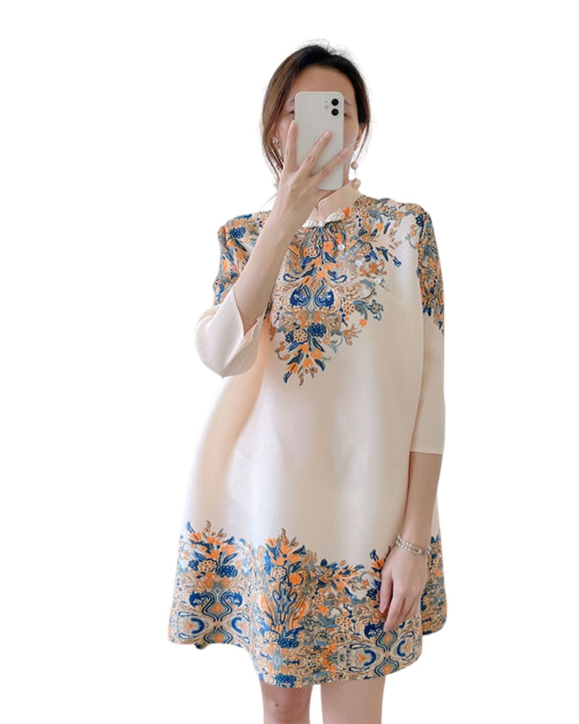 Polyester 3/4 Sleeves Floral Pleated Cheongsam Style Dress