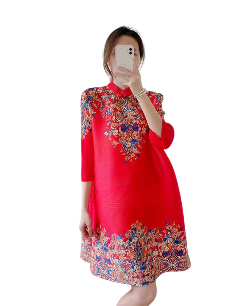 Polyester 3/4 Sleeves Floral Pleated Cheongsam Style Dress