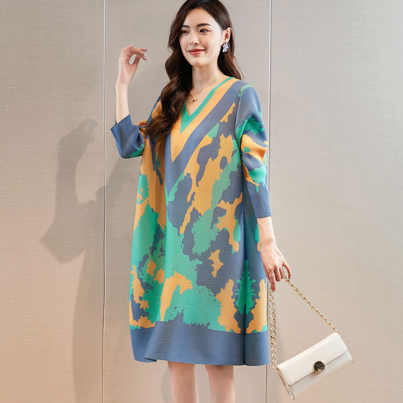 Polyester V-Neck 3/4th Sleeve Printed Pleated A-Line Dress