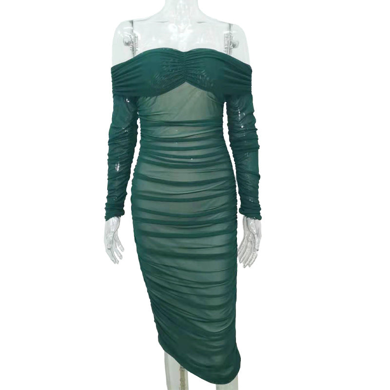 Polyester Off-Shoulder Long Sleeves Midi Dress