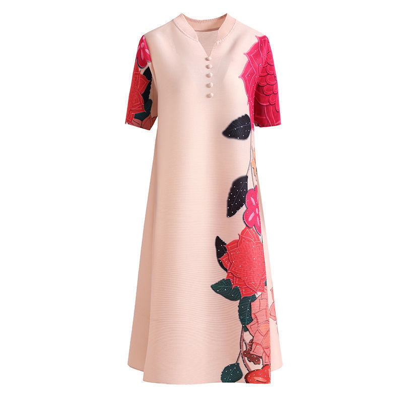 Polyester Round Neck Half Sleeve Floral Print Pleated Dress