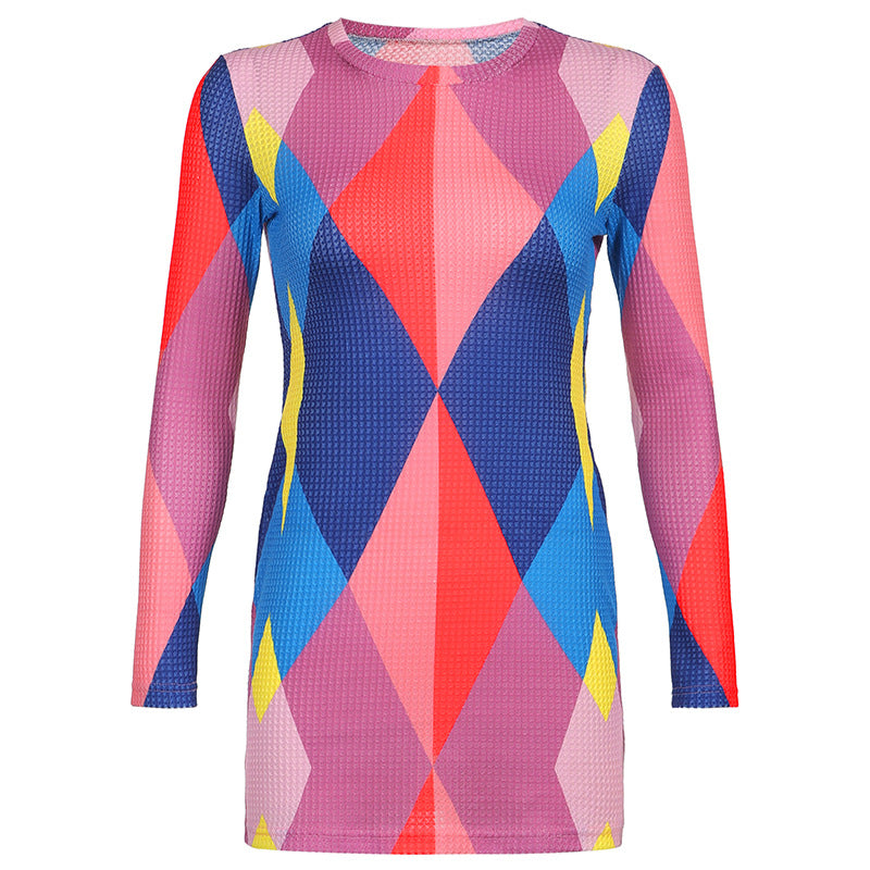 Polyester Round Neck Slim Type Abstract Dress