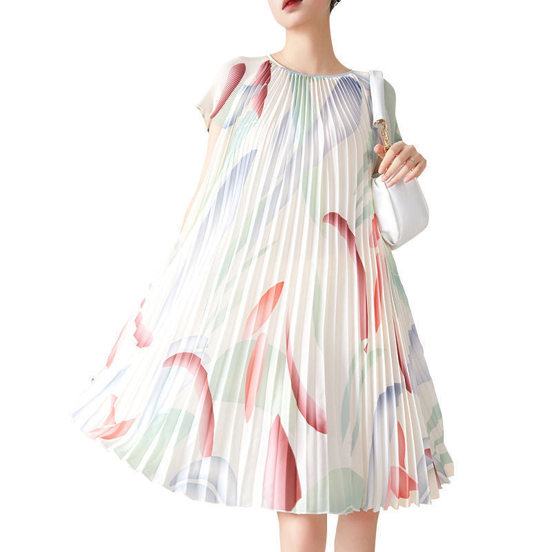 Polyester Round Neck Short Sleeve Printed Pleated Dress