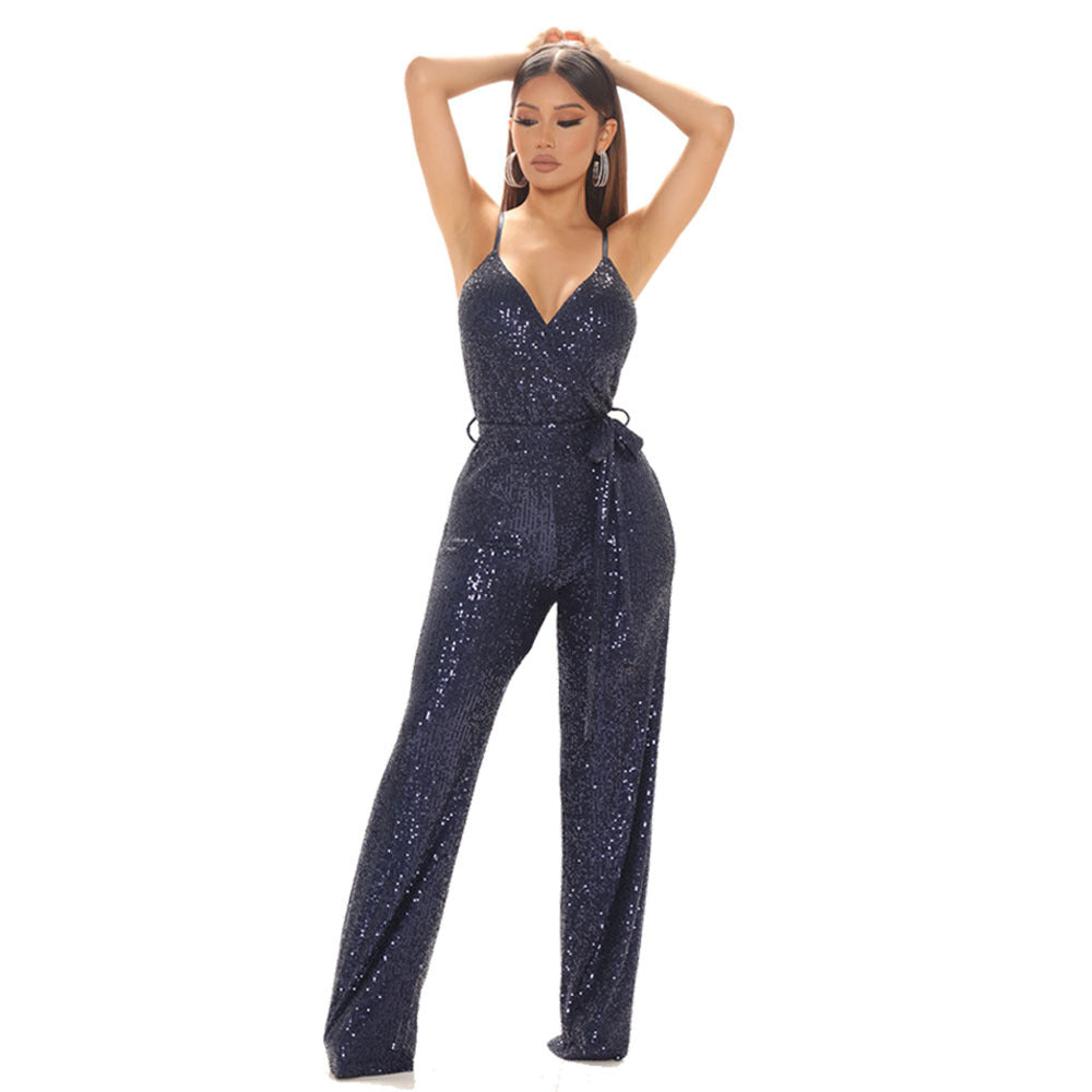 Sleeveless Backless Solid Sequins Jumpsuit