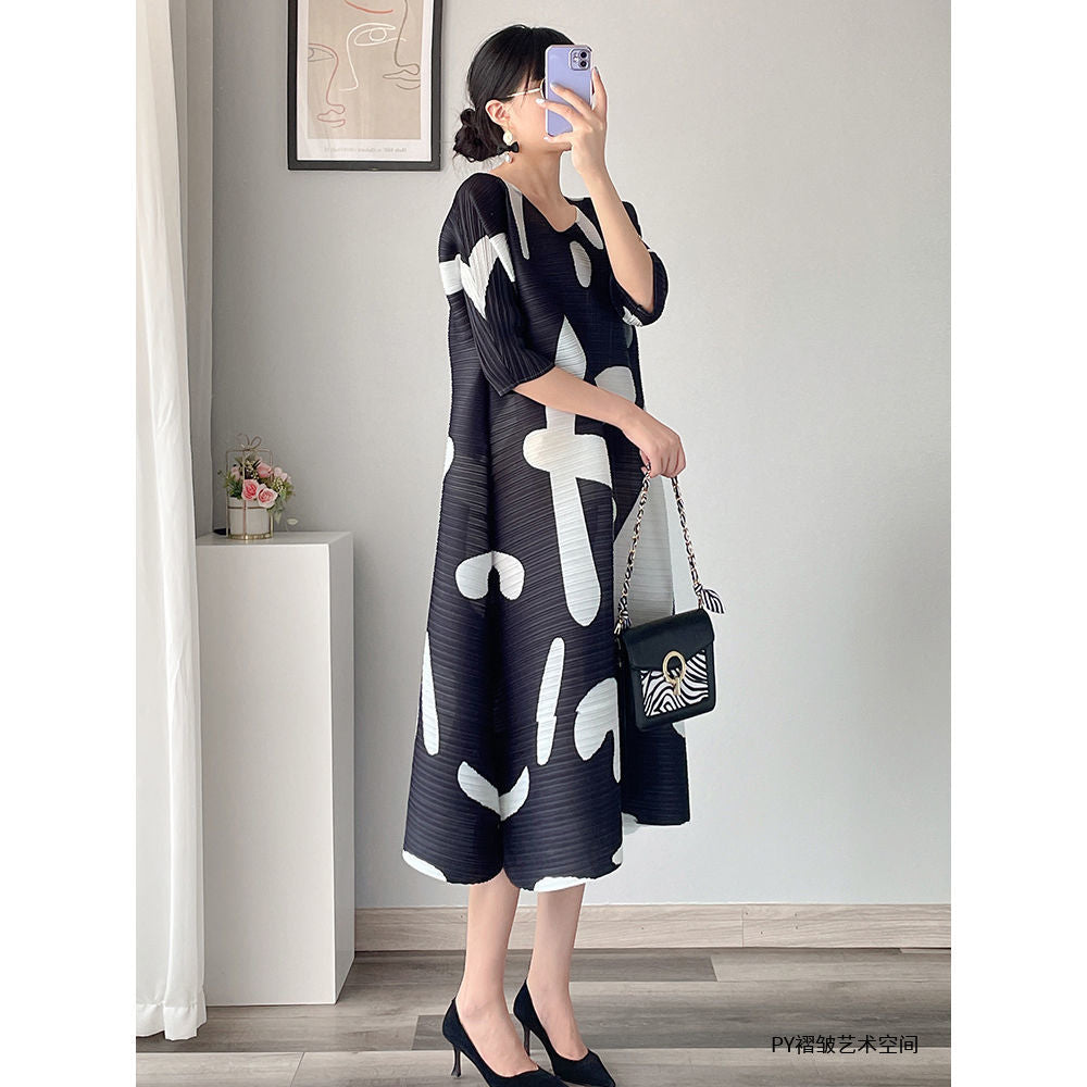 Polyester Round Neck Pleated 3/4 Sleeves Geometric Print Dress