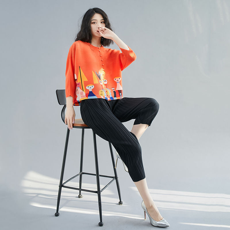 Polyester Round Neck 3/4 Sleeves Printed Pleated Top