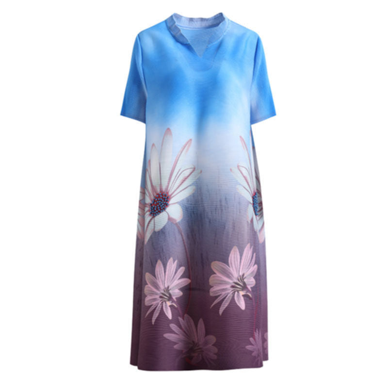 Polyester V-Neck Short-Sleeves Printed Pleated Dress