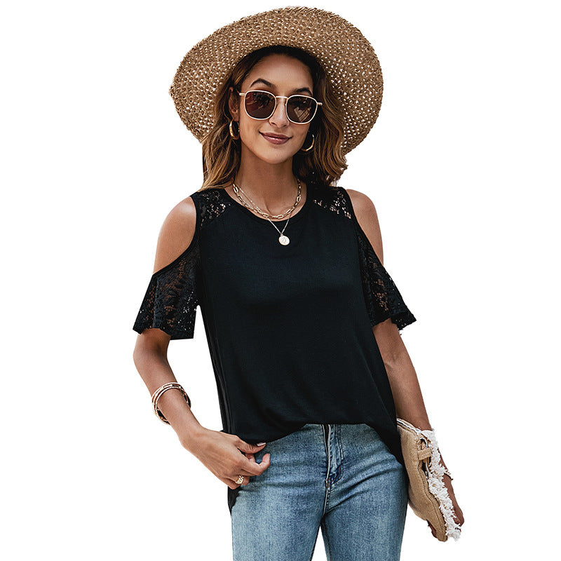 Polyester Round Neck Solid Lace Short Sleeve Top