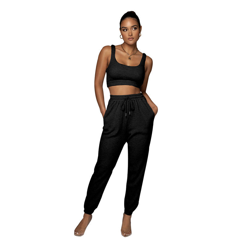 Polyester Sleeveless Scoop Crop Top And Jogger Pants