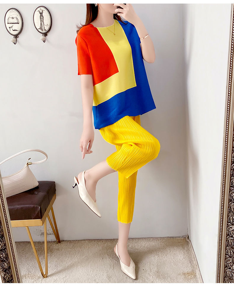 Polyester Round Neck Short Sleeve pleated Top