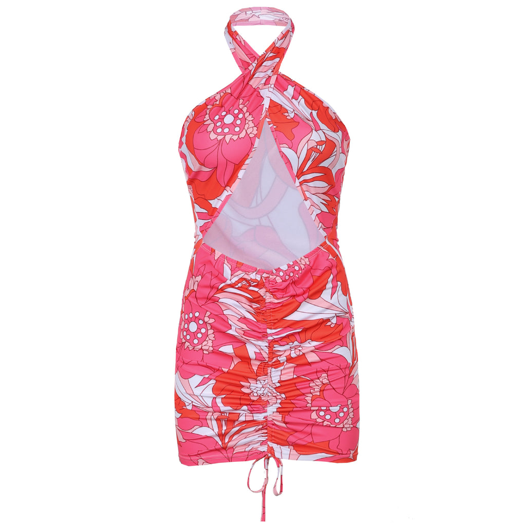 Polyester Halter Neck Slim Type Floral Print Dress