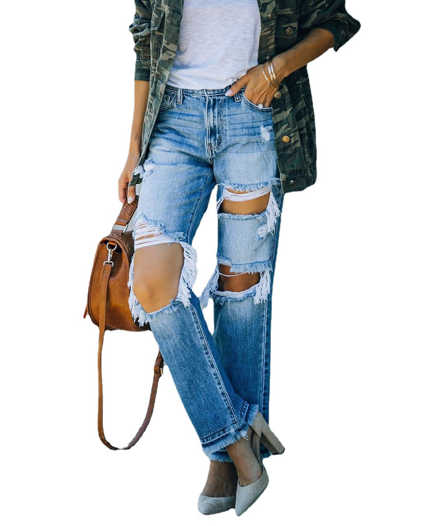 Ripped Distressed Straight Leg Jeans