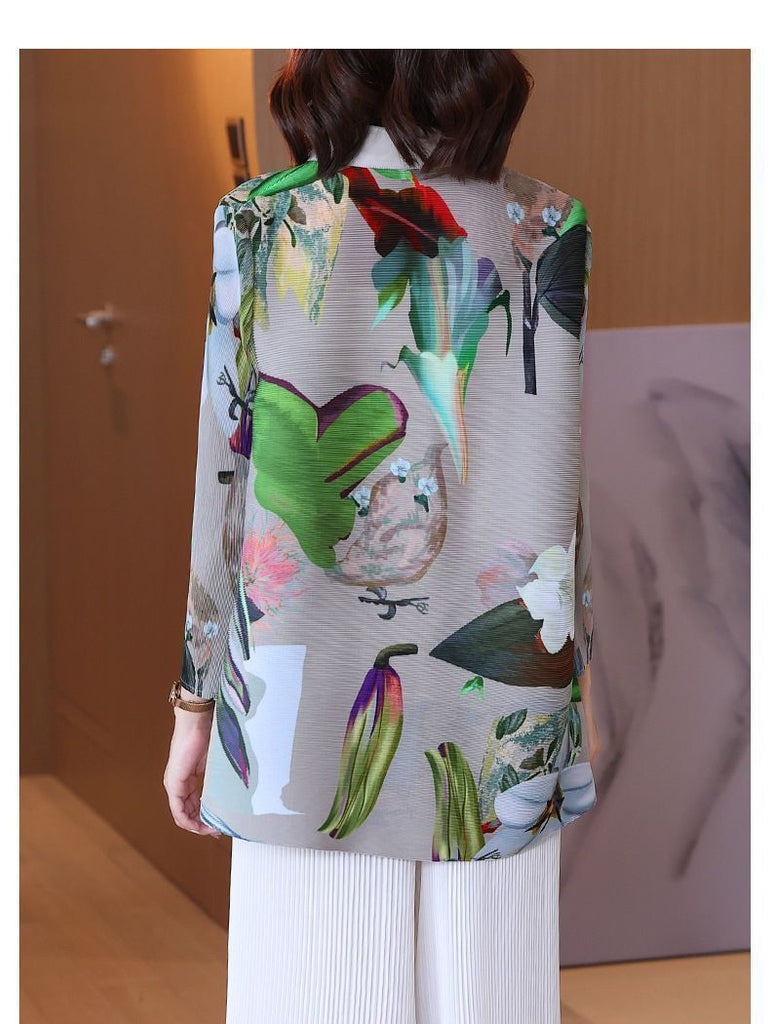 Polyester Polo Neck Long Sleeve Printed Pleated Shirt