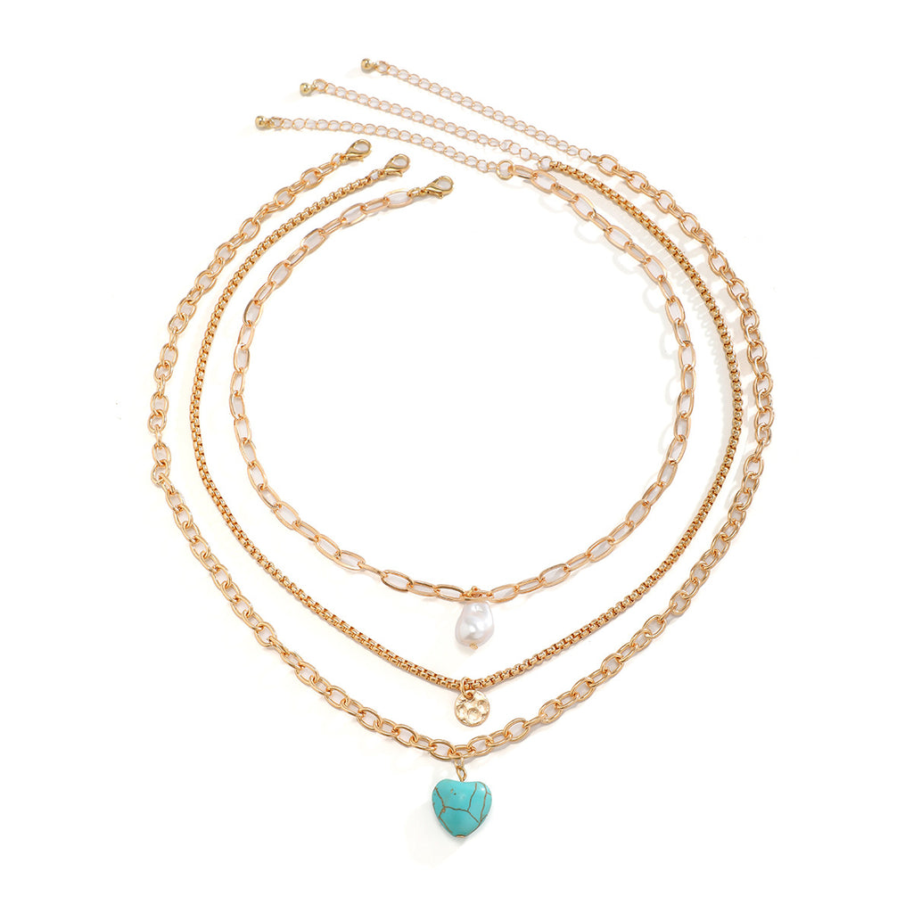 Metal Three Layer Necklace with Imitiation Pearl Turquoise Heart & Hammered Round Pendants