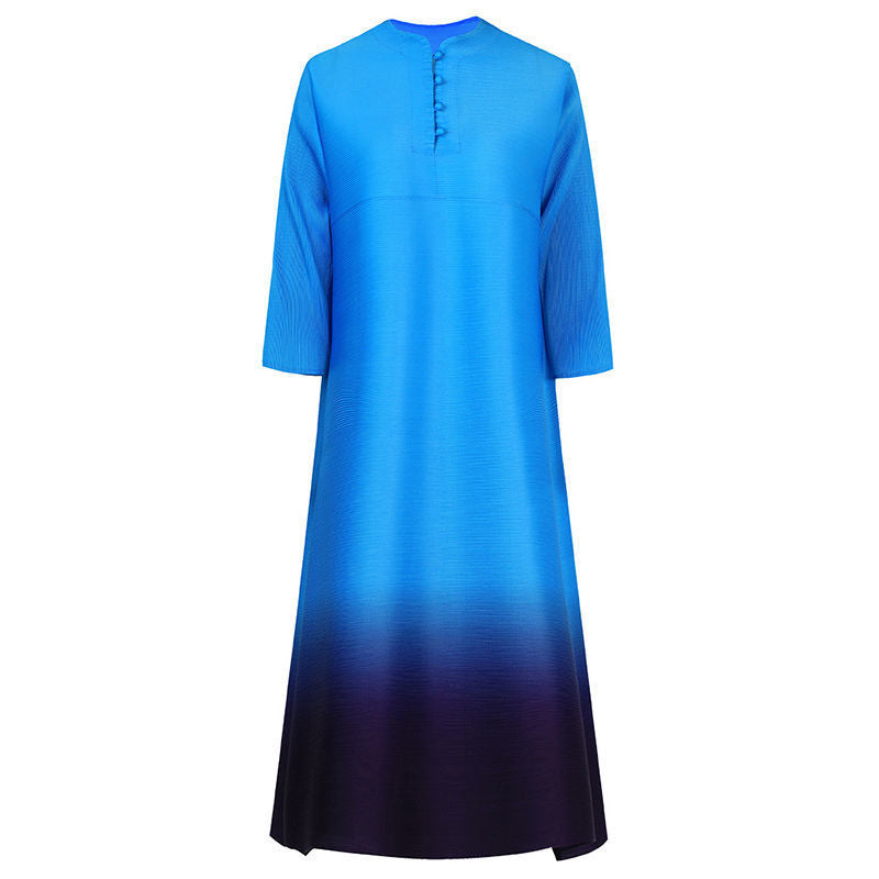 Polyester Stand Collar 3/4 Sleeves Solid Pleated Dress