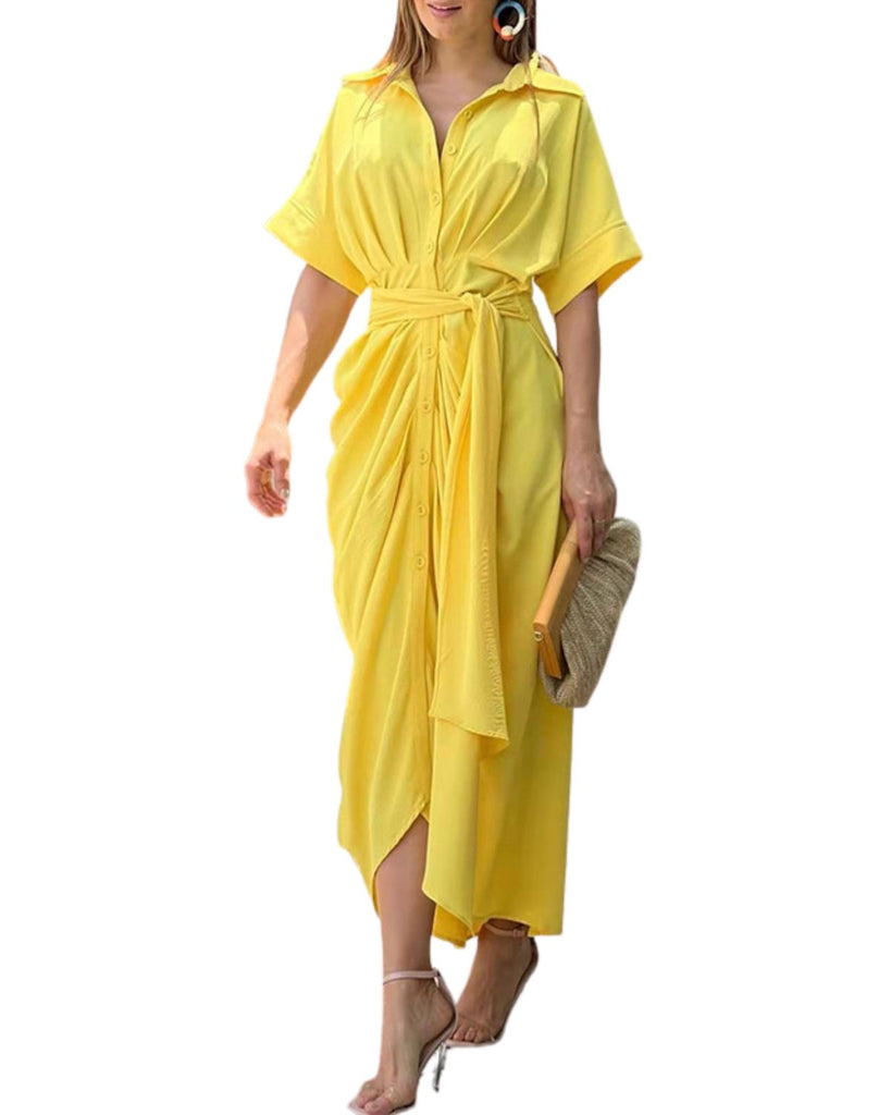 Short Sleeve Solid Lapel Irregular Dress