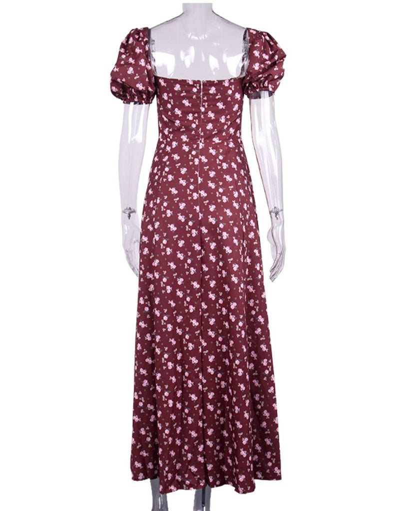 Short Sleeves Floral Square Collar Long Dress