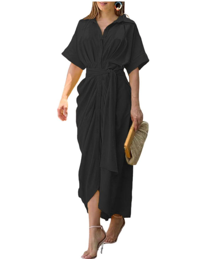 Short Sleeve Solid Lapel Irregular Dress