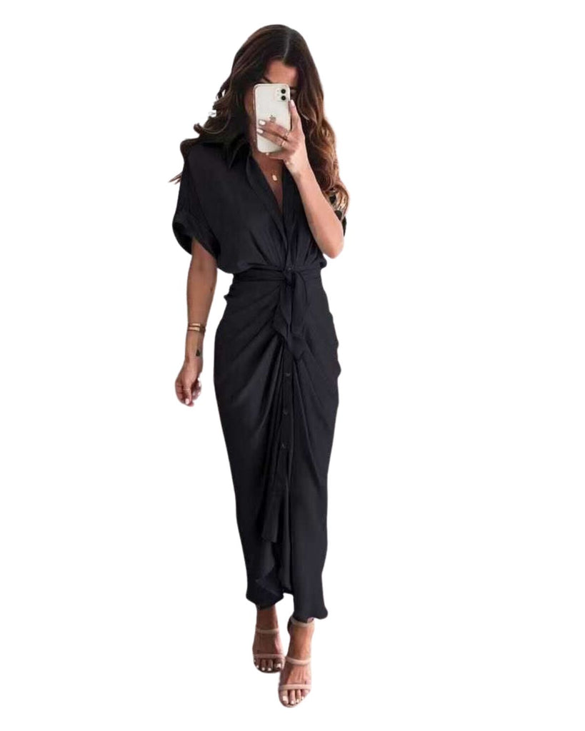 Long Sleeves Solid Polo Collar Long Dress